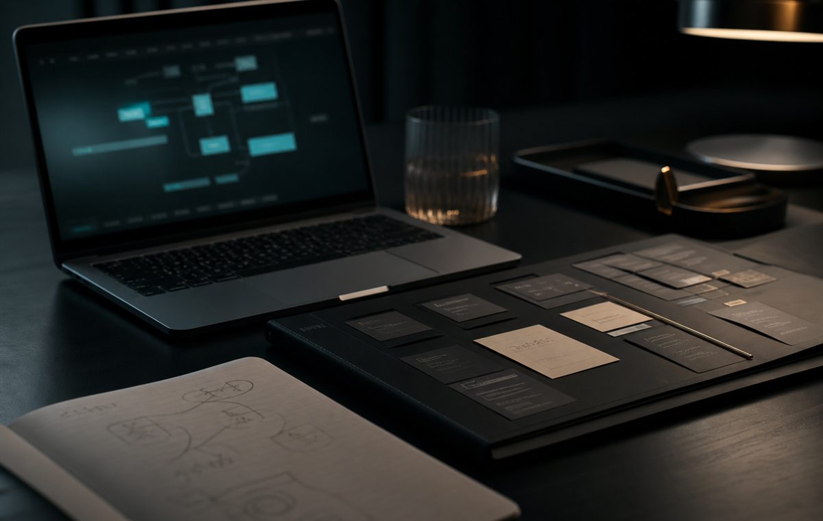 Dark editorial workspace showing discreet launch planning and funnel execution materials