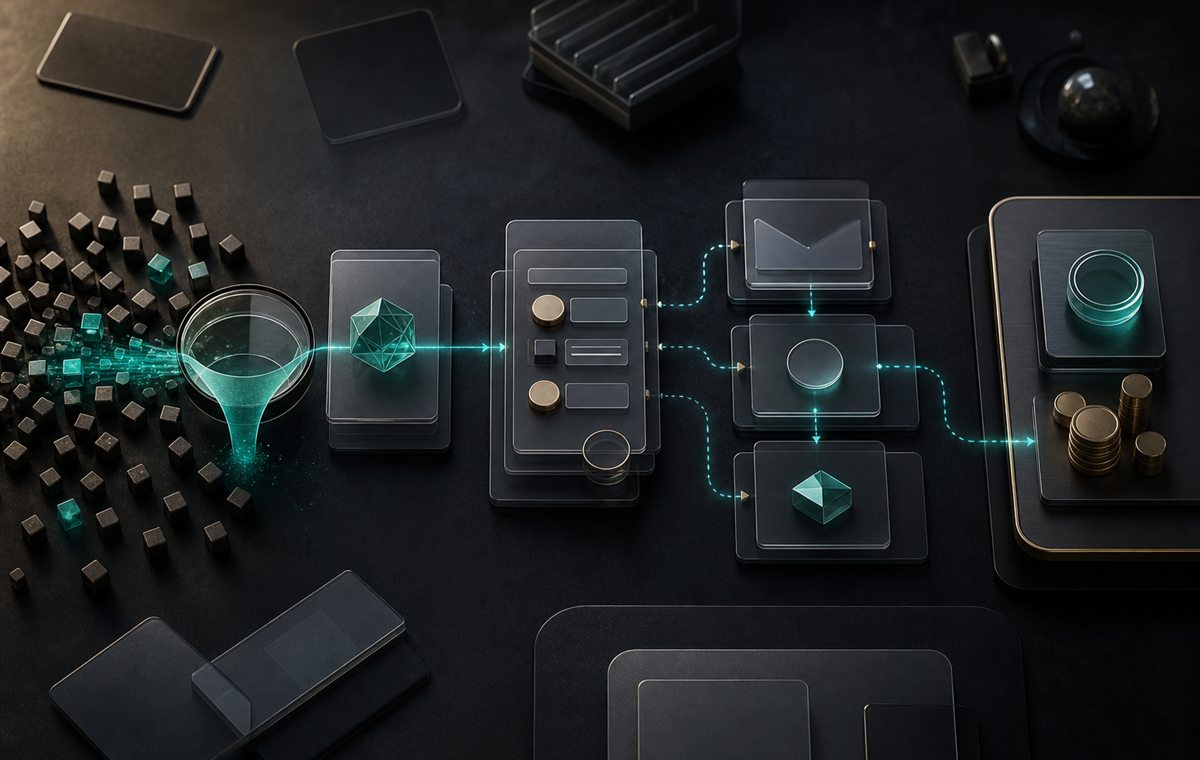 Abstract dark visual of audience attention moving through a structured funnel and revenue system